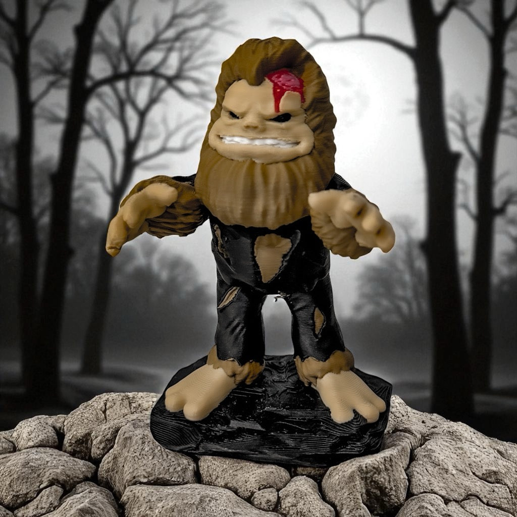 The FirstWarrior Undead Bigfoot figurine, featuring tattered clothes and a rugged base, stands against an eerie, foggy forest backdrop—making it a perfect Jeep dash accessory for fans of mysterious creatures.