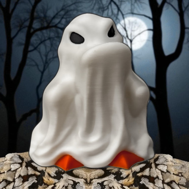 The FirstWarrior Chill Guy Ghost Duck—a small figure with black eyes and an orange base—sits on a patterned surface, while bare tree branches and a full moon fill the misty night background.