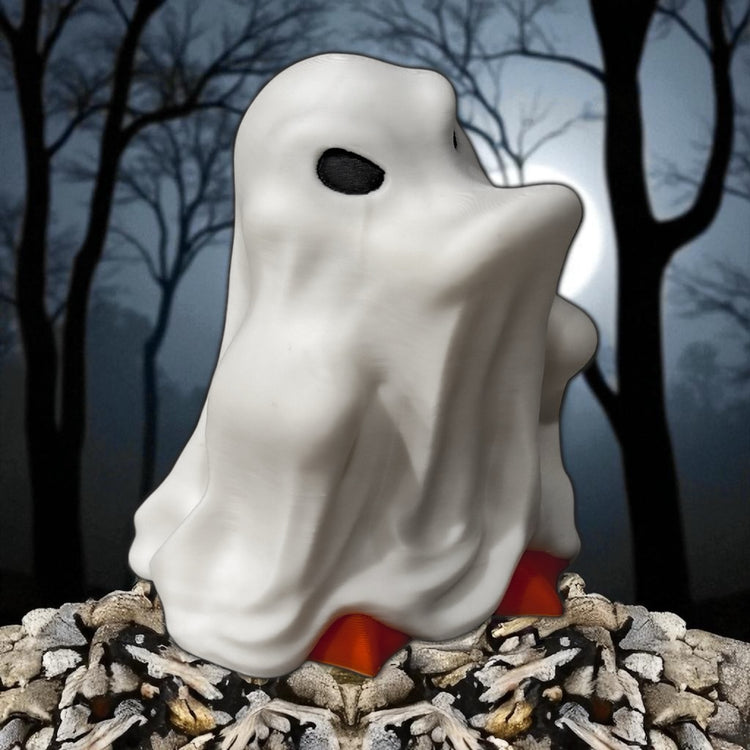 The FirstWarrior Chill Guy Ghost Duck, dressed in a white costume with black eye holes, stands on autumn leaves with bare trees and a full moon—perfect spooky inspiration for any Halloween car accessory.