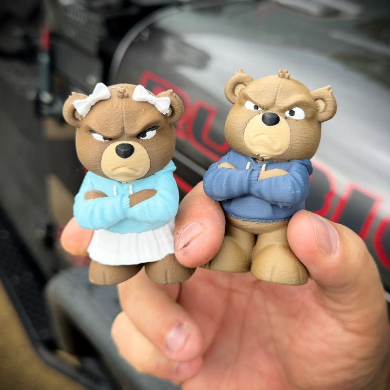 Two bear figurines wearing blue hoodies being held in front of a blurred background with visible text.