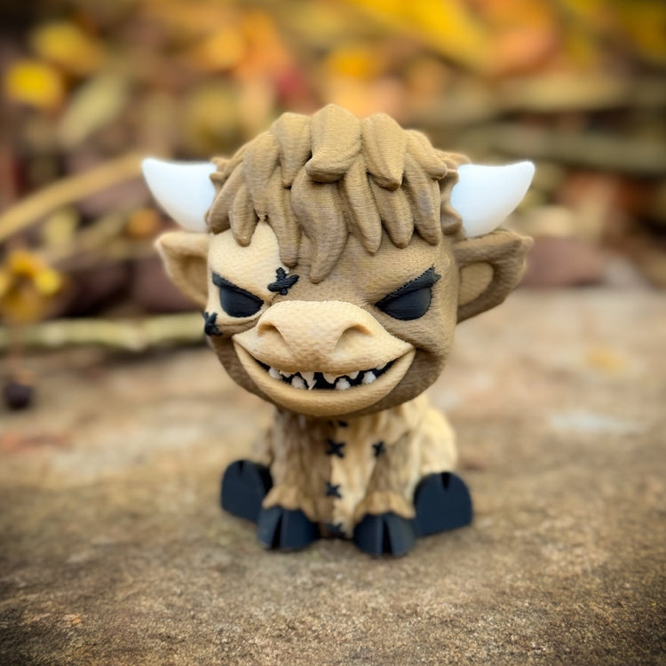 The Patches Baby Highland by FirstWarrior is a small collectible with shaggy brown fur, black hooves, and a mischievous grin, perfect as a charming desk ornament against autumn leaves.