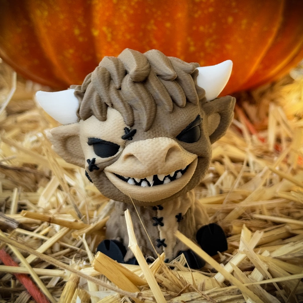 The Patches Baby Highland by FirstWarrior is a small, horned monster figurine with sharp teeth and black stitches, made of PLA plastic. It sits on straw with a big orange pumpkin in the background—perfect as a quirky desk ornament.