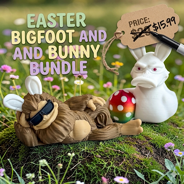 Easter-themed figurines including Bigfoot and a bunny with flowers in the background
