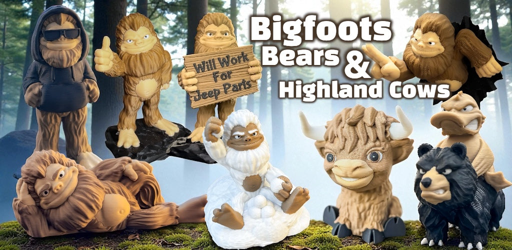 Collection of Bigfoots, bears, and Highland cows figurines with a forest background.