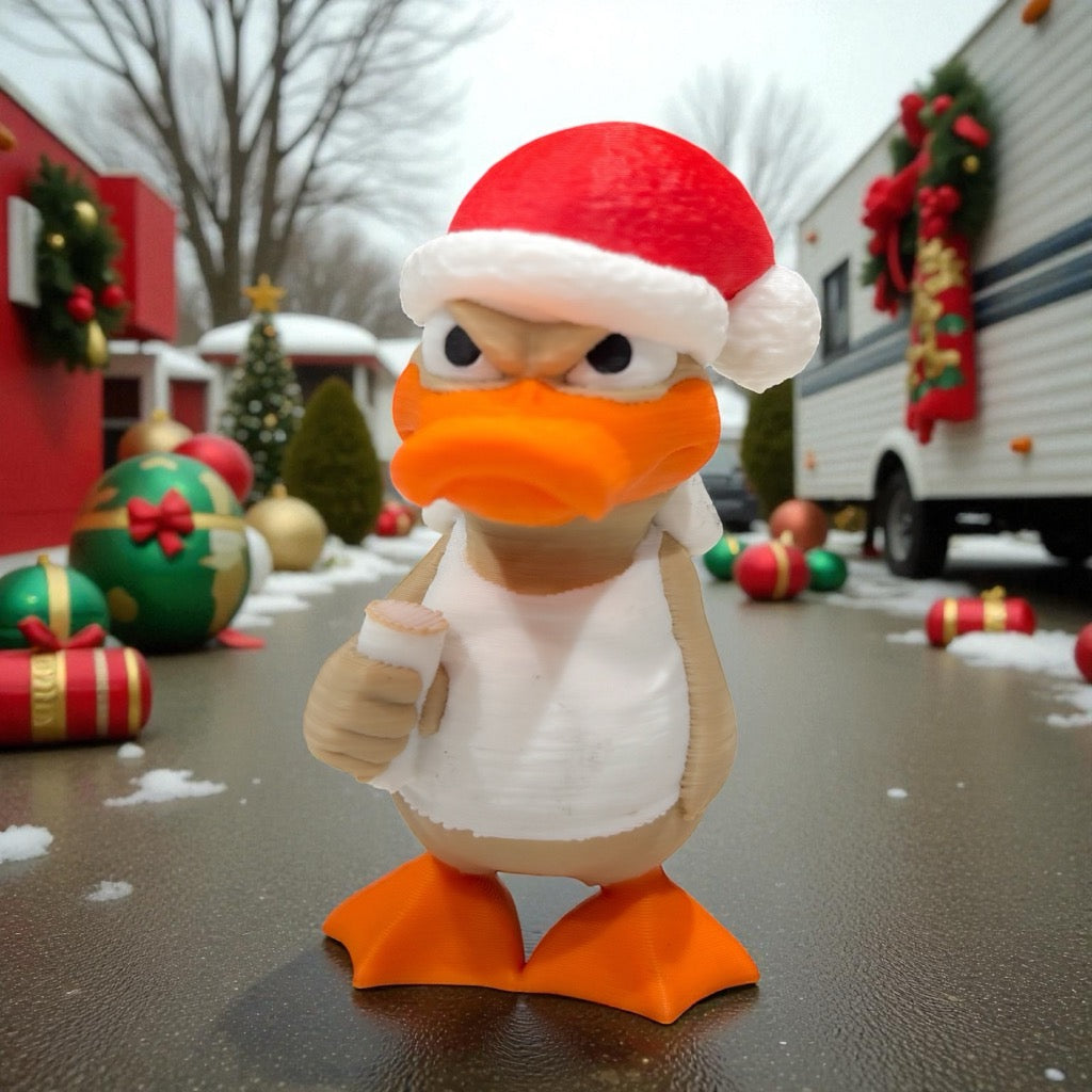 The FirstWarrior Bubba Claus Duck is a cartoon figurine with a Santa hat and apron, featuring a stern look as it stands on a festive, snow-covered street—ideal as a unique Jeep Christmas decoration.