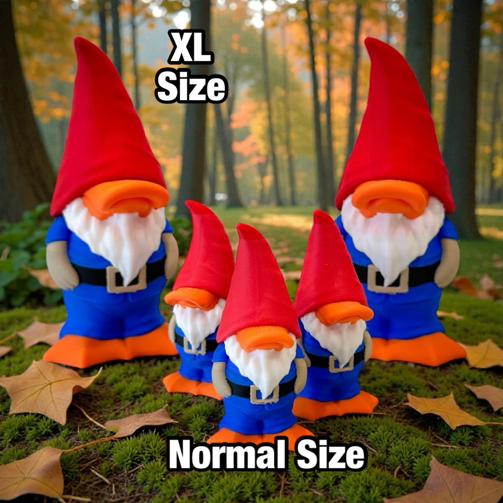Two sets of gnome figurines, one labeled 'XL Size' and the other 'Normal Size', in a forest setting.