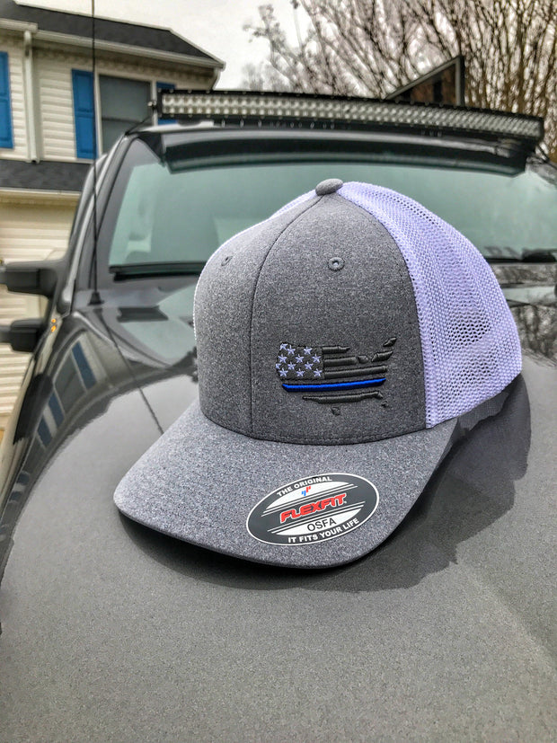 Peacemakers American Flag Gray and Mesh Flexfit Hat with Thin Blue Line